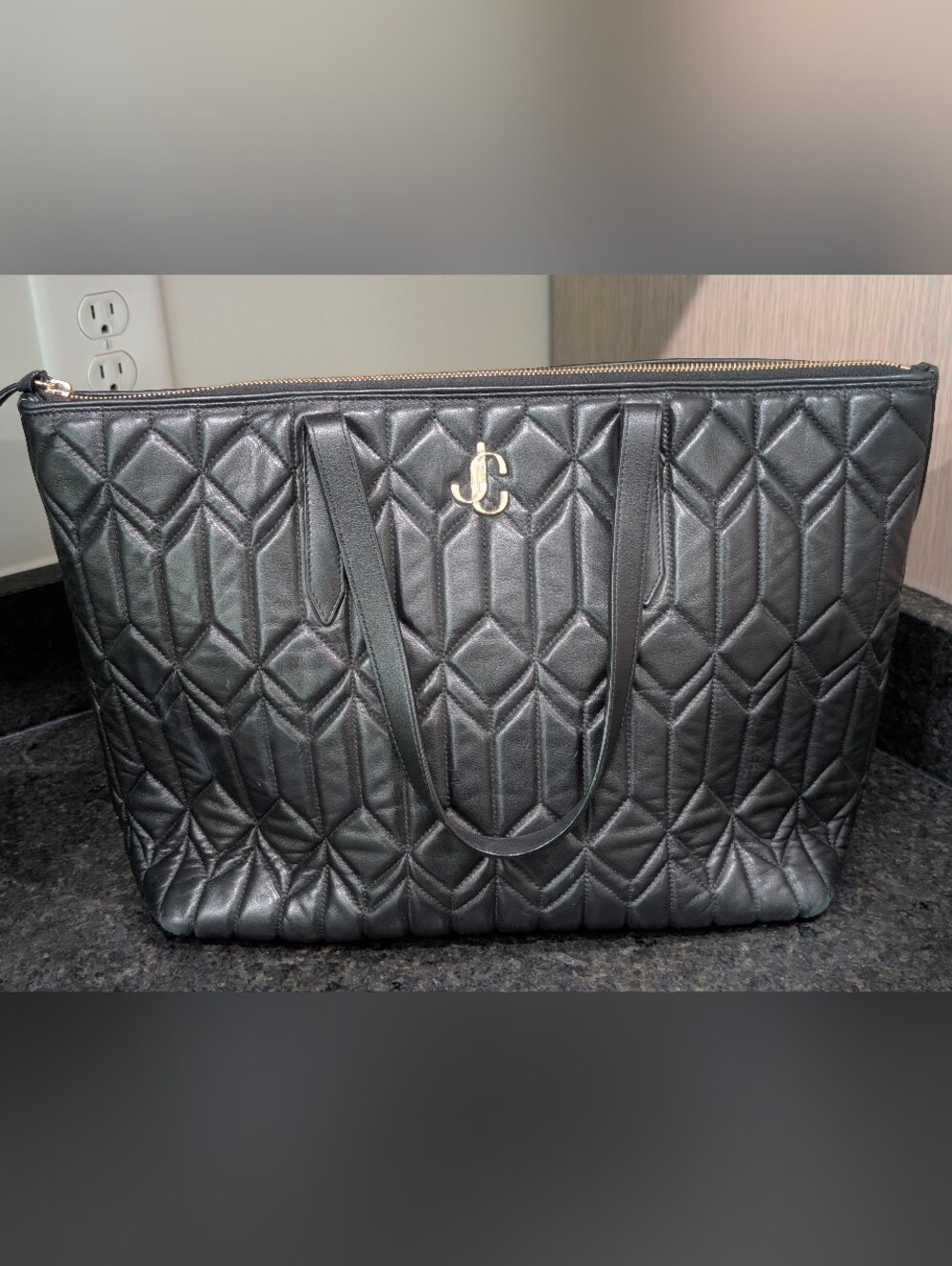 Jimmy Choo Black Quilted Tote Bag with Gold Logos